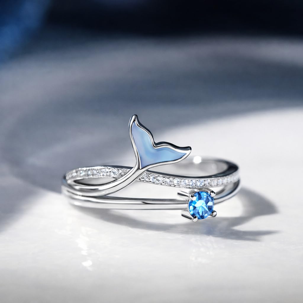 SUPAC Stainless Steel Ocean Whale Tail Ring with Blue Marble Effect, Inner Diameter 0.66 inch