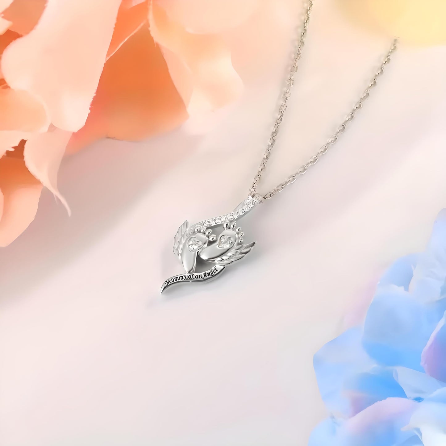 Angel Footprints, Memorial Gift for Mothers - Pendant Necklace with Acrylic Stones, Alloy Fashion Jewelry, White K Plated Chain, Gift for Family and New Moms- 'Mommy of an Angel'
