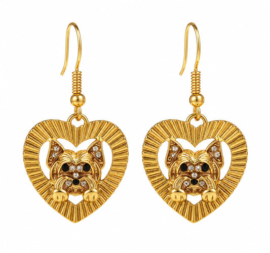 Yorkie Heart Drop Earrings, Gold, Stainless Steel, Crystal Accent, 0.94 x 0.94 in, Dog Lover Jewelry