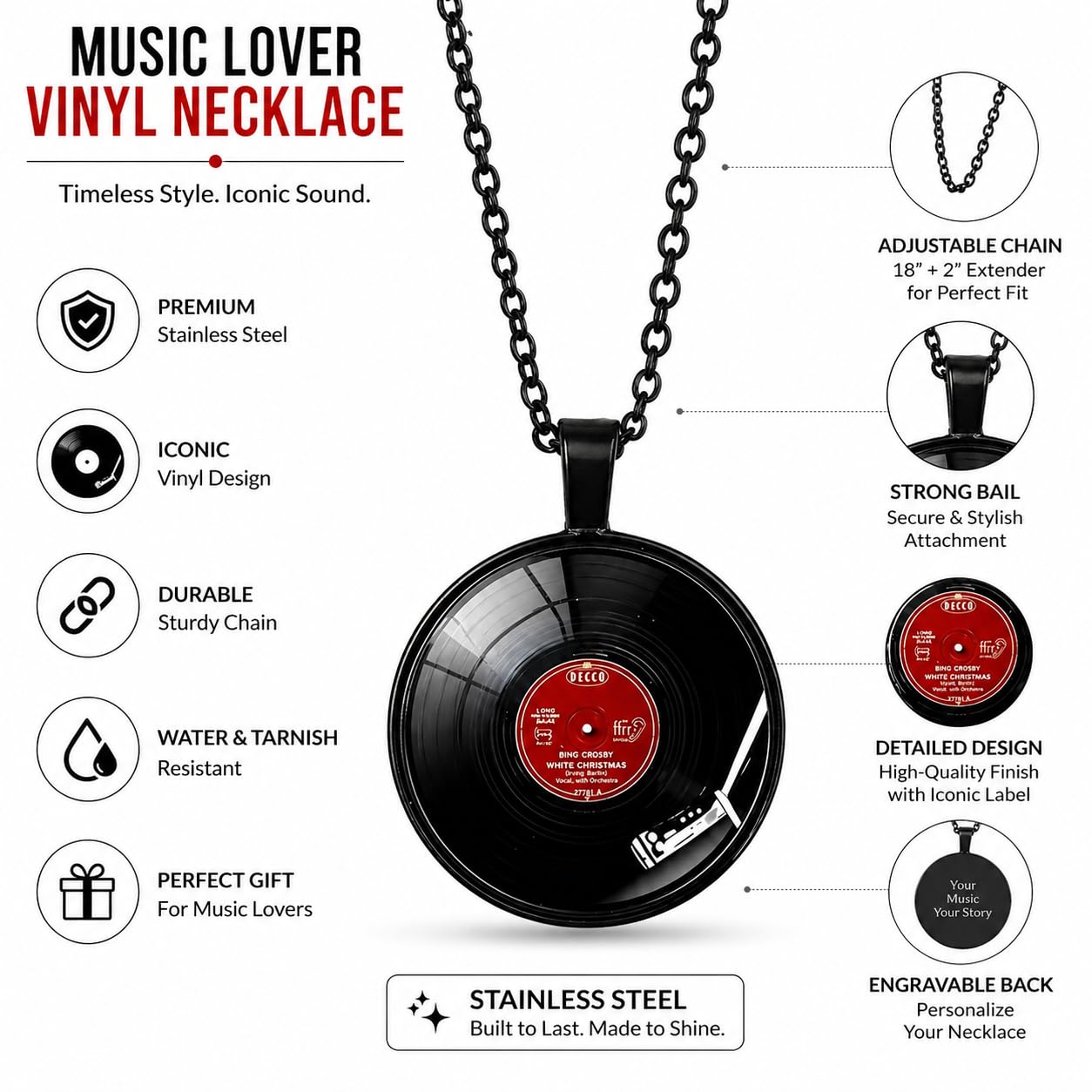 SUPAC Unique Music Record Pendant Necklace - Avant-Garde Fashion Accessory, Eye-Catching Design for Men and Women - Birthday, Christmas Gift or Personalized Jewelry
