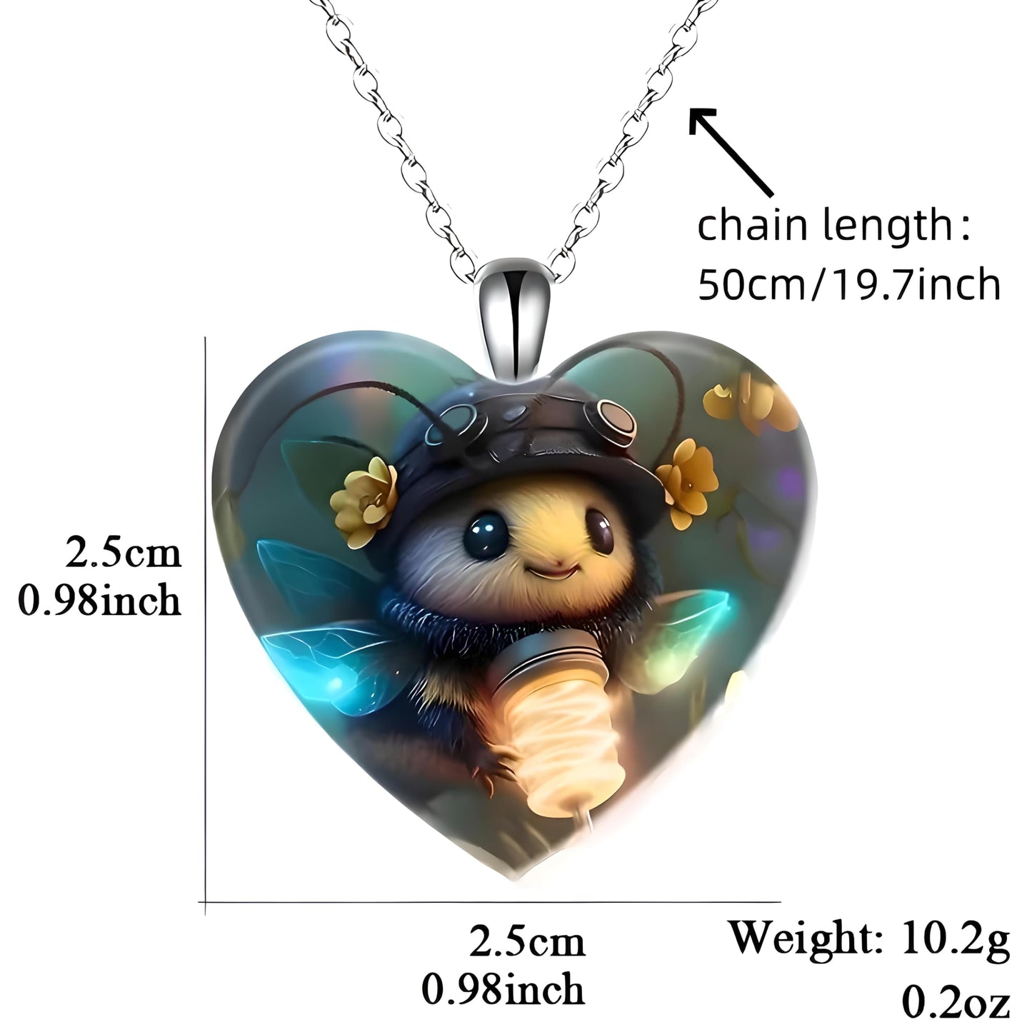 Heart-Shaped Pendant Necklace with Different Animals - Panda, Horse, Deer, Cat, Elephant, Dog Scenic Views, Stainless Steel Necklace with Glass Pendant - Christmas, Holiday, or Birthday Gift (Wasp)
