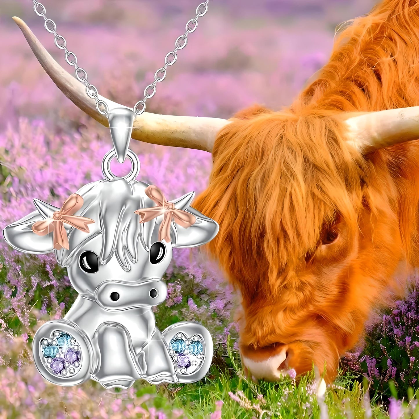 Stainless Steel Cow Pendant Necklace, Crystal Accents, Rose Gold Bows, 17.6 inch Chain