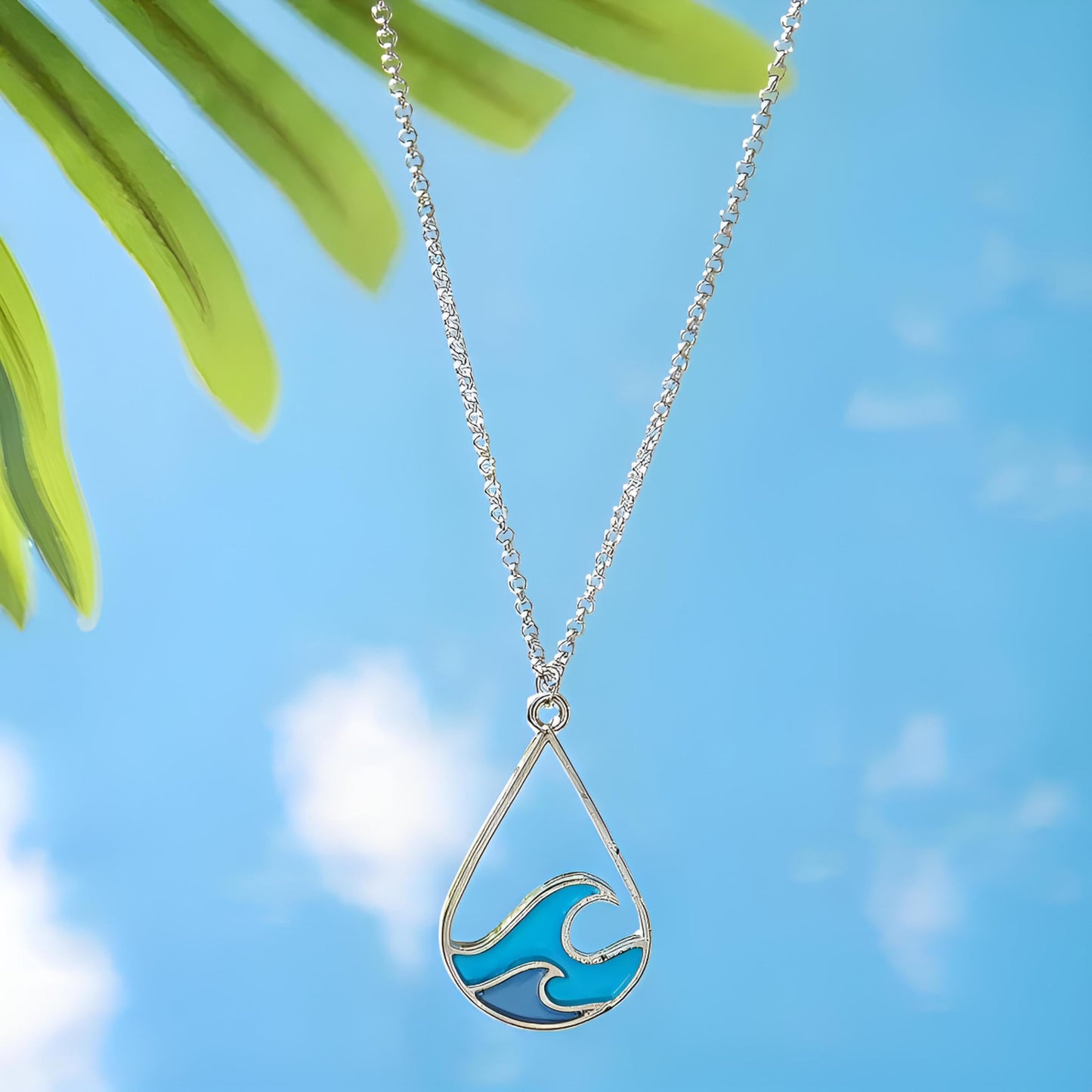 SUPAC Ocean Wave Teardrop Pendant Necklace, Silver Chain, Blue Enamel - Chill Vibes Ocean Gift