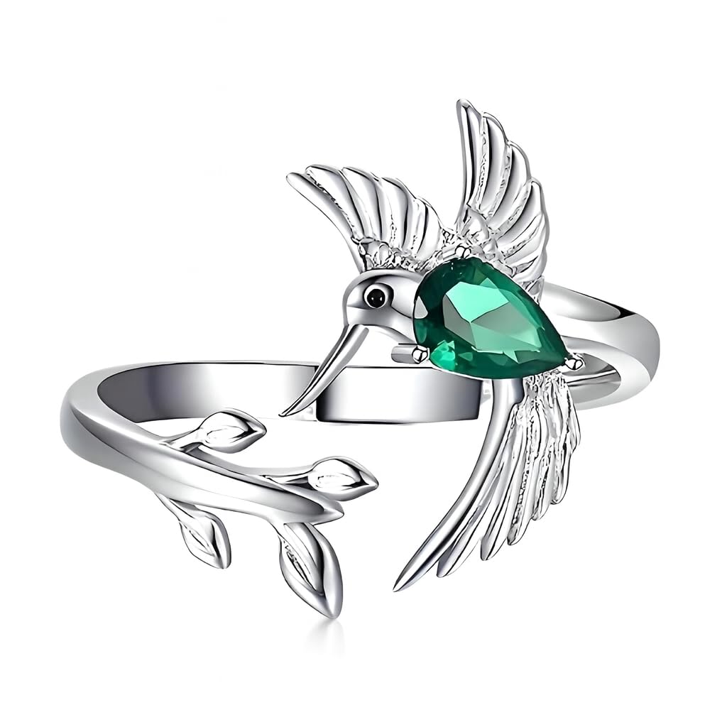 Stainless Steel Hummingbird Ring with Enamel Flowers, Adjustable, Turquoise and Purple
