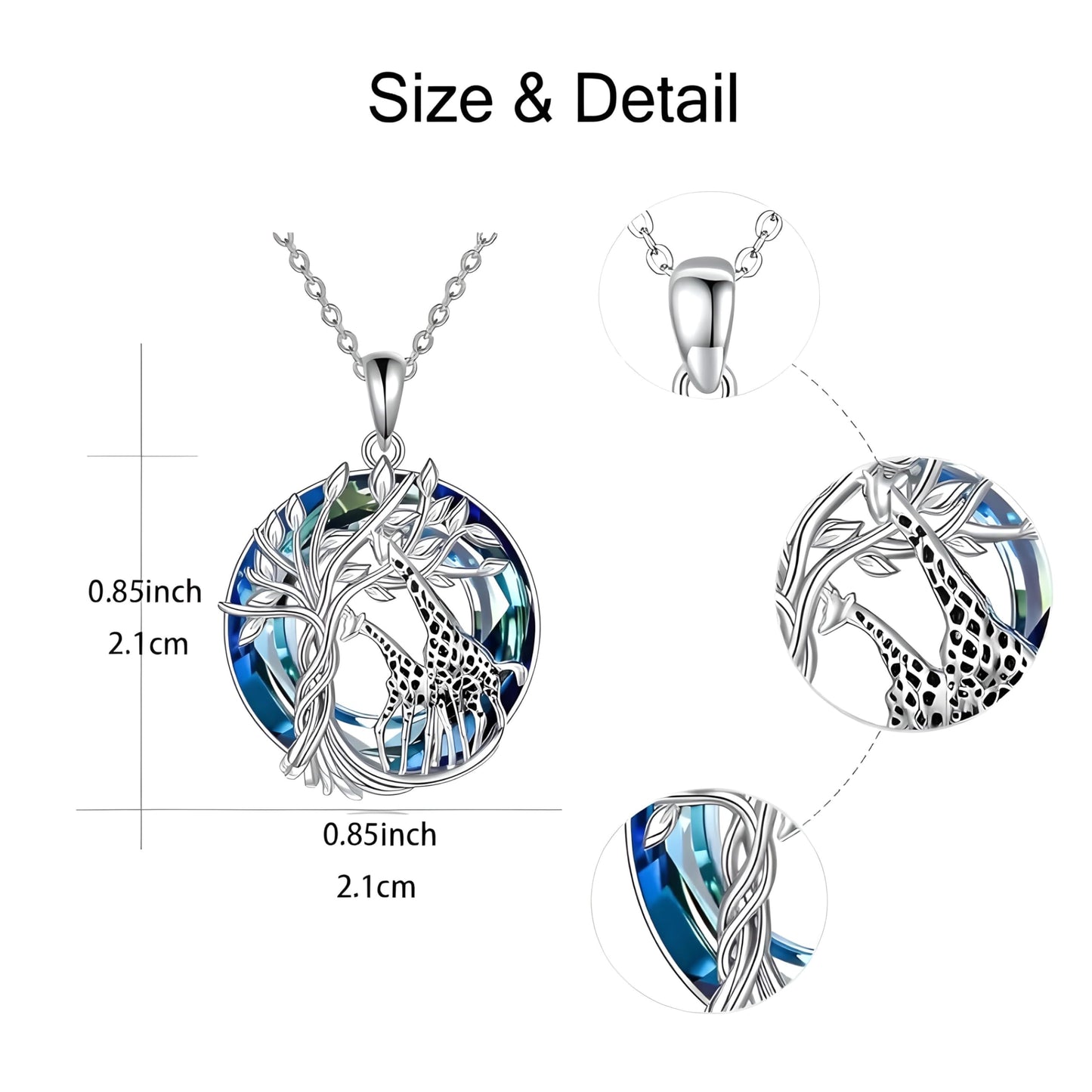 SUPAC Sterling Silver Tree of Life Giraffe Pendant Necklace, Blue Crystal Background, Gift for Animal Lovers!