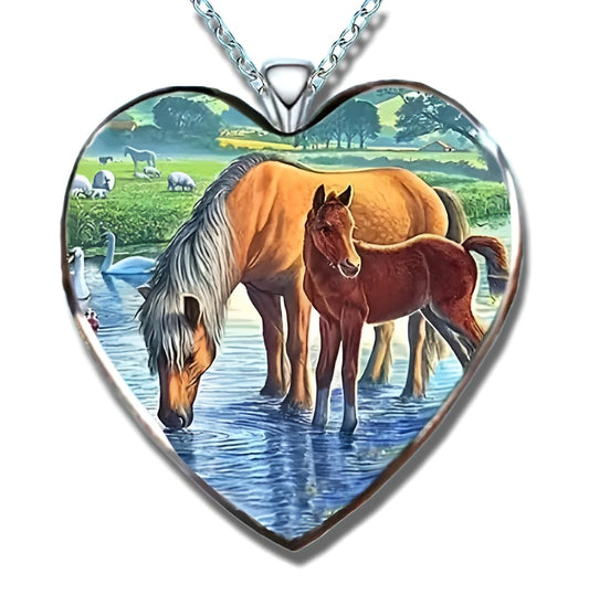 Heart-Shaped Horse Drinking Water with Beautiful Country Landscape Necklace, Sterling Silver Chain - Holiday, Christmas, or Birthday Gift