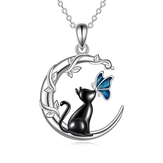 Black Cat Reaching for the Moon Necklace, Butterfly Necklace - Crystal Moonstone Pendant, Silver Chain - Gift