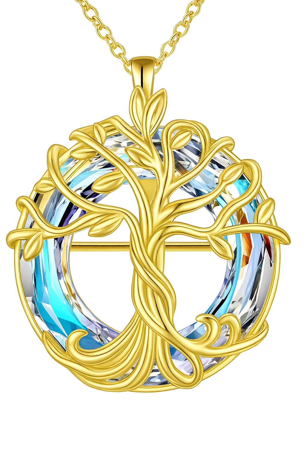 SUPAC Tree of Life Swing, Sloth, Horse + Other Styles Pendant Necklace, Silver Chain, Crystal Rainbow Background - Gift for Friends (Gold Tree of Life)