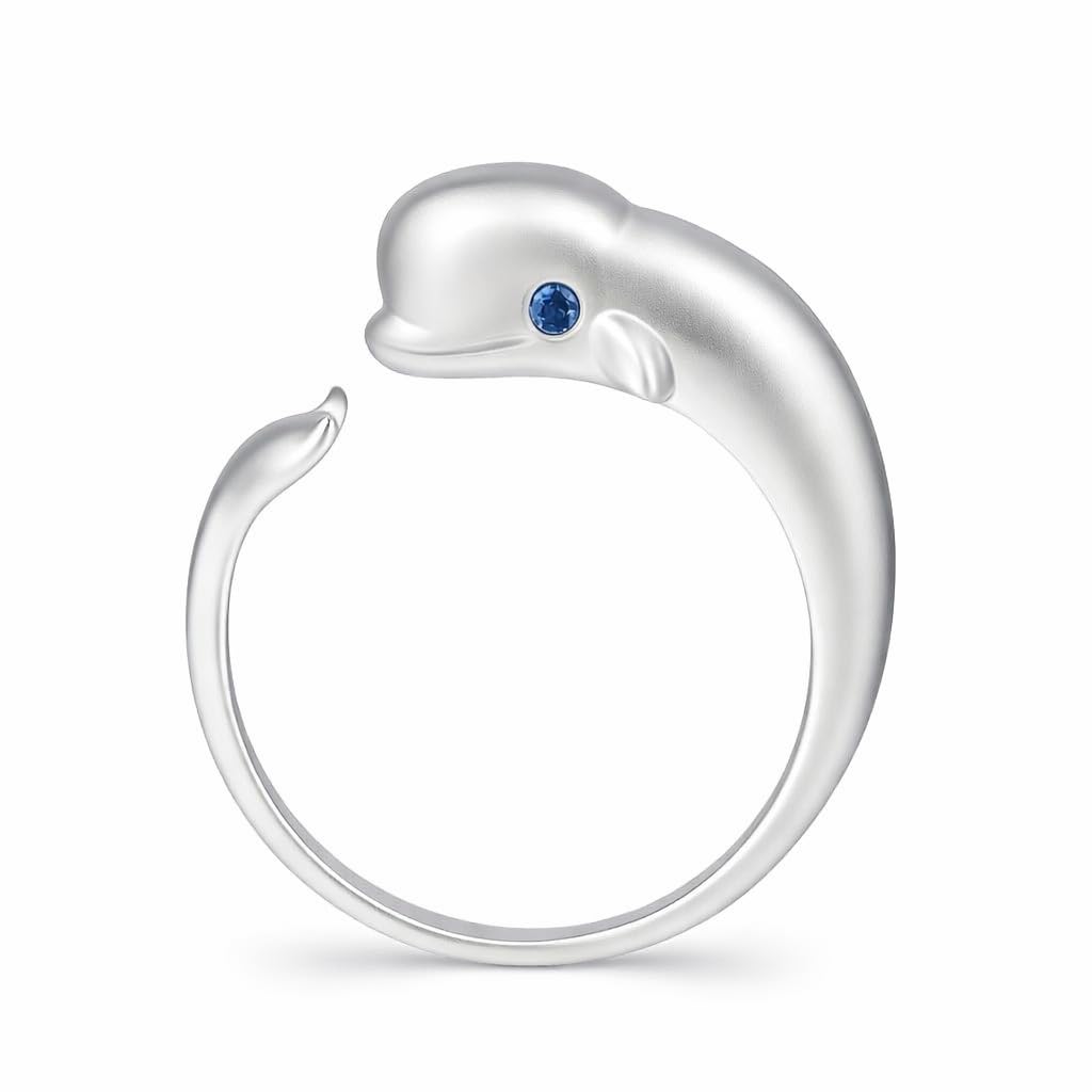SUPAC Stainless Steel Beluga Whale Ring with Blue Crystal Eye, Ocean Theme Marine Life Jewelry - Beluga Gift