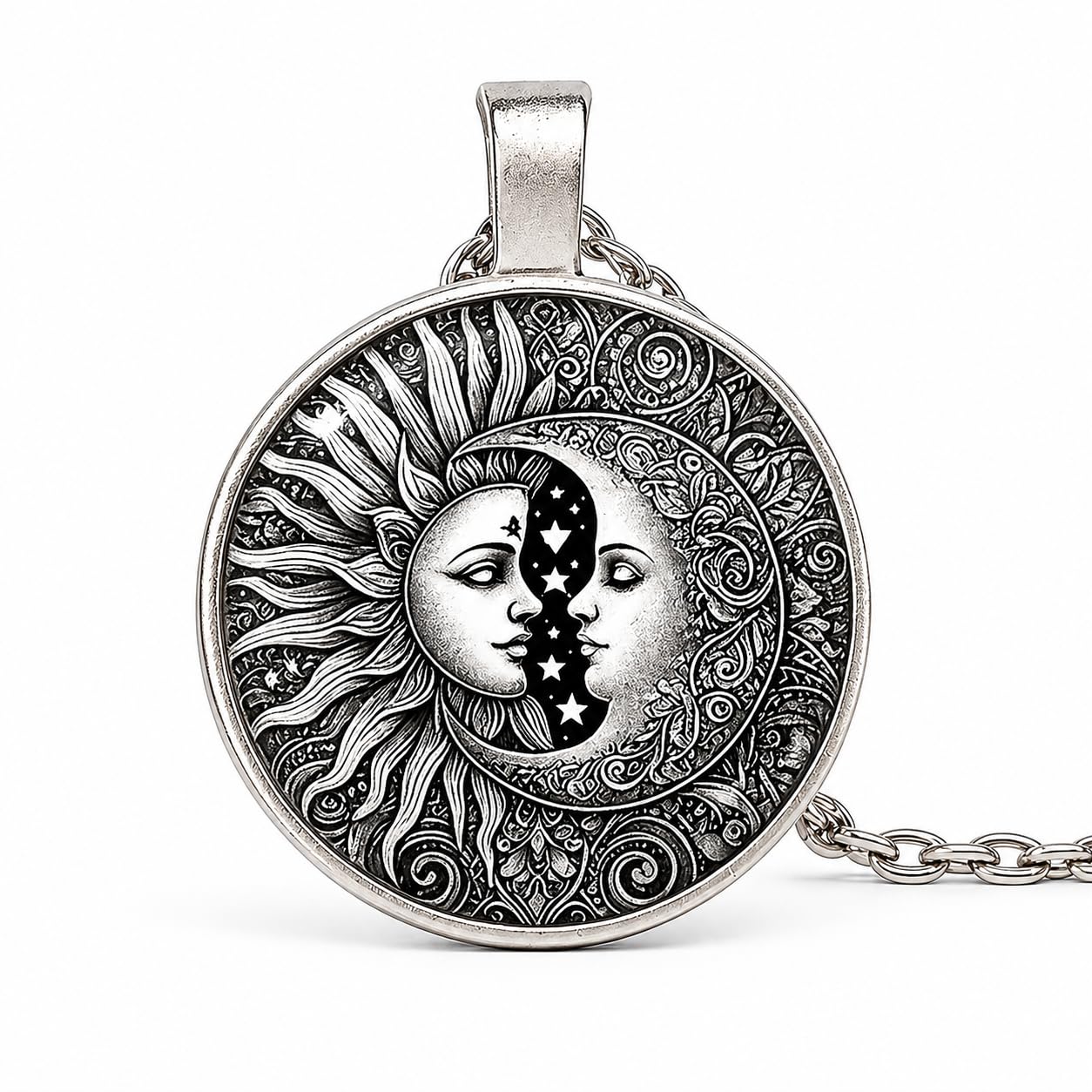 1pc Stunning Round Pendant Necklace - Unique Sun & Moon Pattern, Oil Painting Style Glass Mosaic, Alloy Construction, Trendy Sweater Chain, Fashionable Gift for Women - Christmas or Birthday Gift