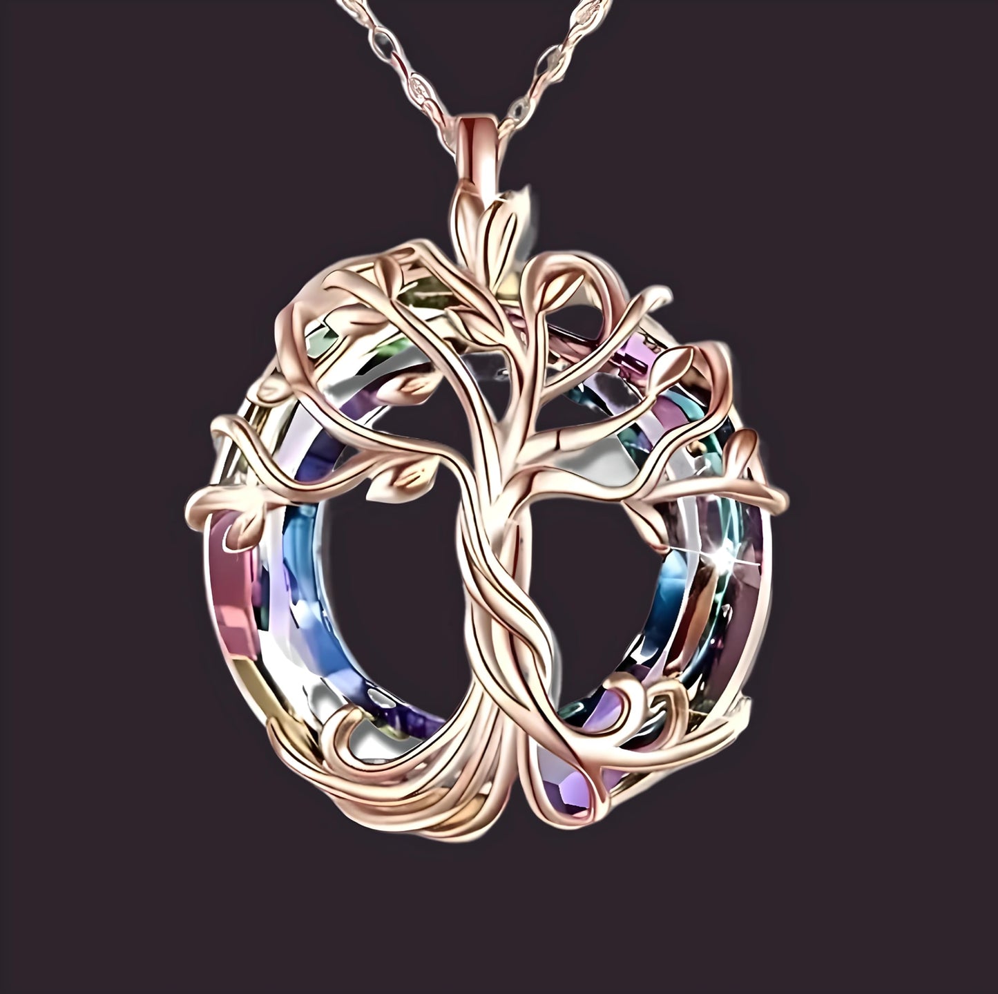 SUPAC Tree of Life Swing, Sloth, Horse + Other Styles Pendant Necklace, Silver Chain, Crystal Rainbow Background - Gift for Friends (Rose Gold Tree of Life)