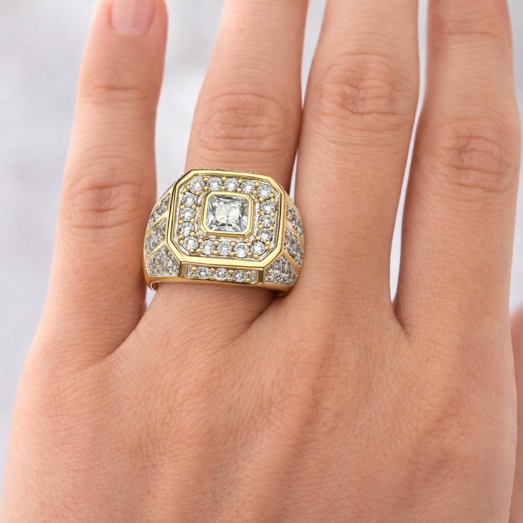 SUPAC Men's Party Ring with Rhinestone Gems: Alloy-crafted, Silver-Plated for Exquisite Shine - the Ideal Hip-Hop Style Accessory for Social Events & Daily Wear (9), Gold