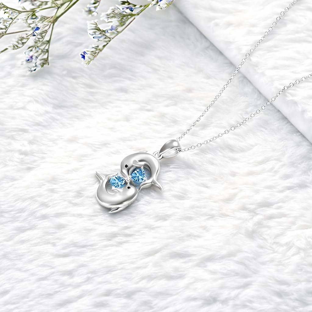 Stainless Steel Double Dolphin Pendant Necklace with Blue Crystal Hearts, Ocean Theme Jewelry