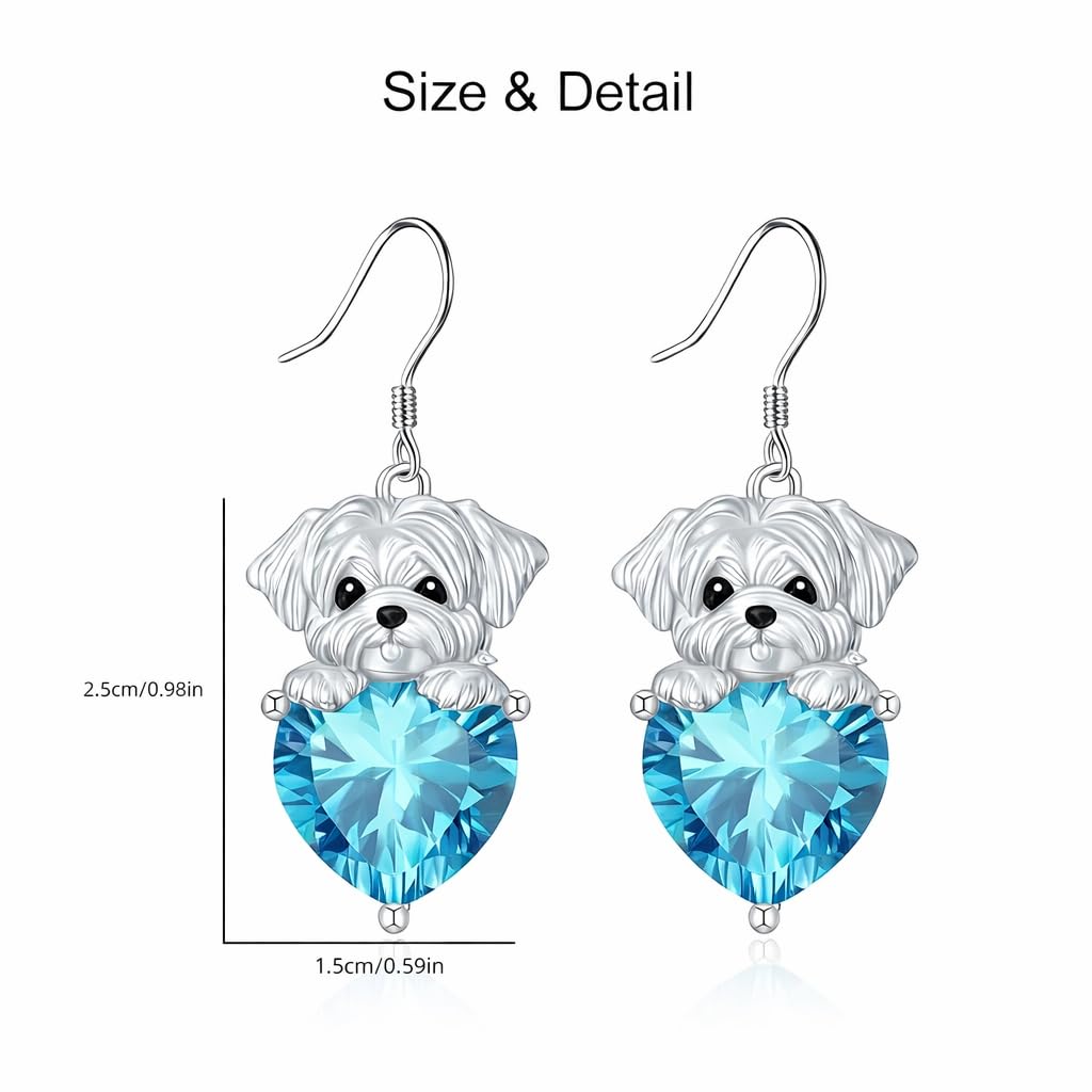 Decorative Dog Dangle Earrings, Blue Crystal Heart, Silver Shih Tzu Design