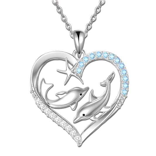 Sterling Silver Dolphin Heart Pendant Necklace with Blue Topaz and White Crystals