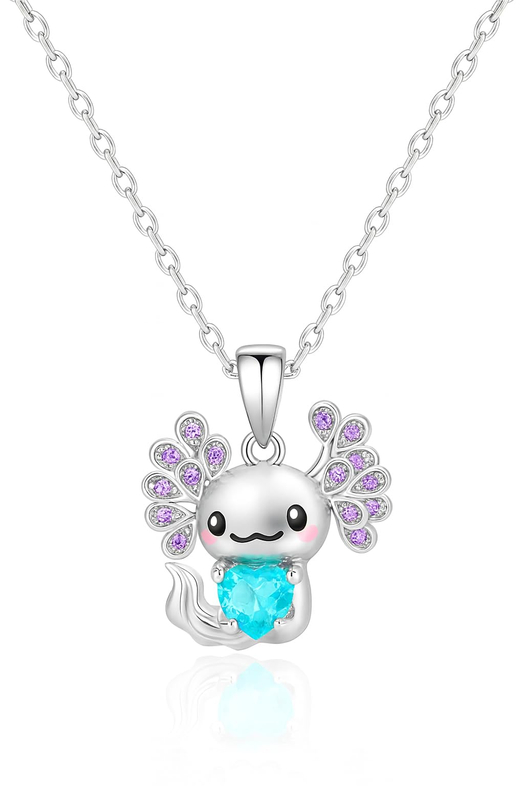 SUPAC Cute Axolotl Pendant Necklace, 19.7 inch Chain, Crystal Heart Design, 3 Colors - Axolotl Gift