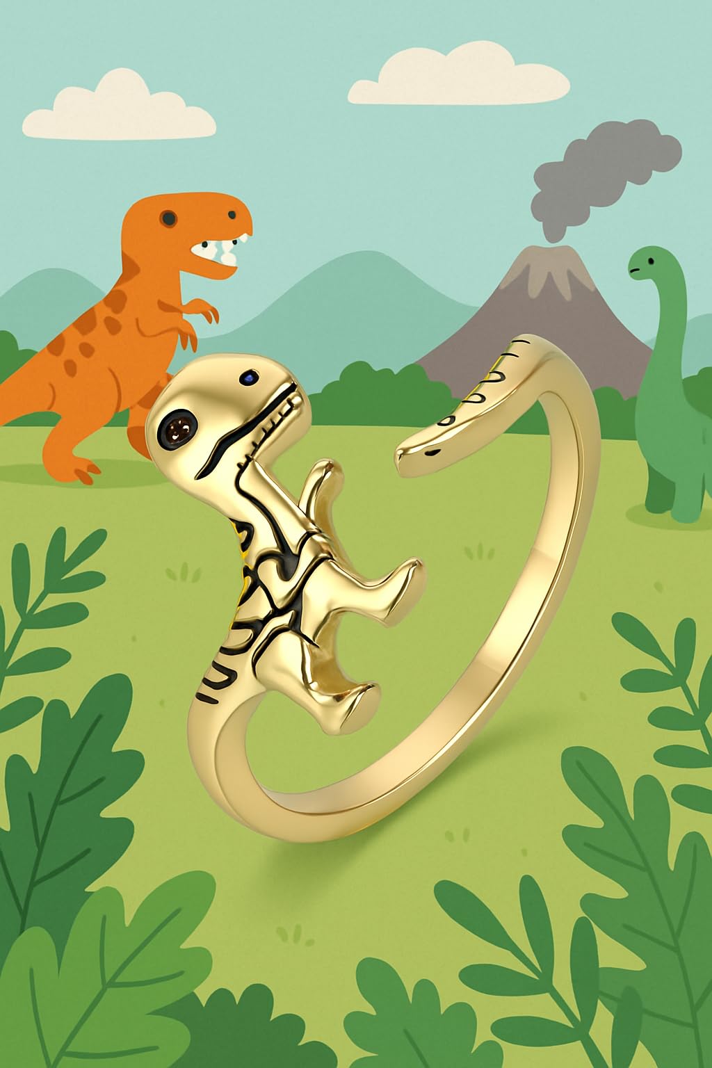 SUPAC Dinosaur T-Rex Adjustable Ring, Stainless Steel Cute Cartoon Design - Gift for Dinosaur Lovers
