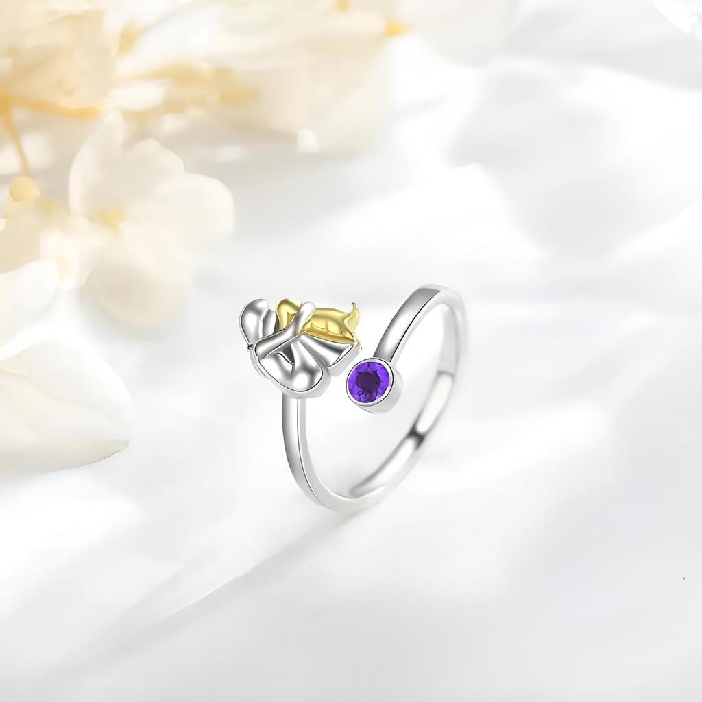 SUPAC Stainless Steel Dog and Human Adjustable Ring with Birthstone Crystal, Two-Tone Gold and Silver, 0.83 Inch (Purple)