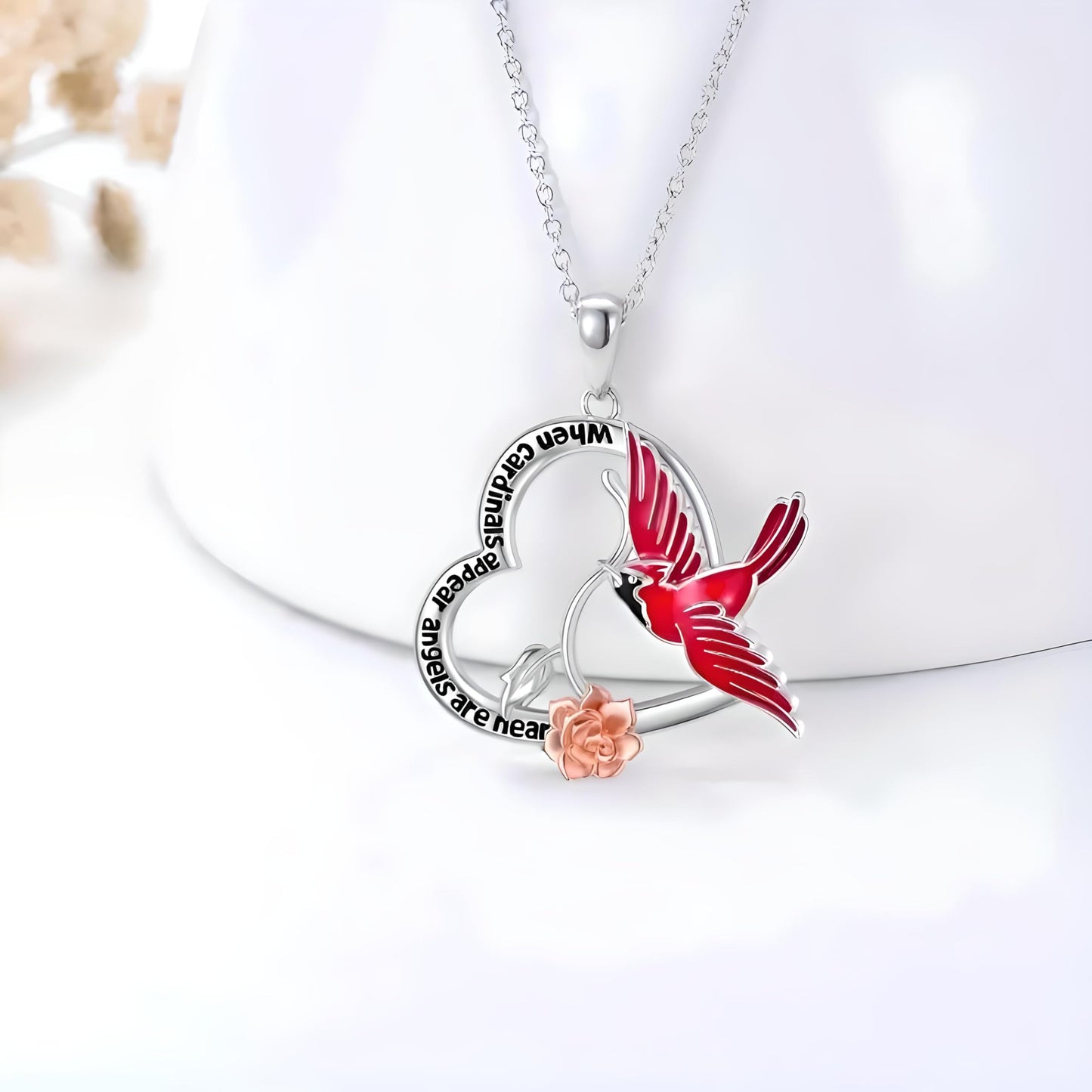 Cardinal Heart Necklace with Rose Pendant, Sterling Silver Chain, 17.6 inches - Cardinal Jewelry Gift
