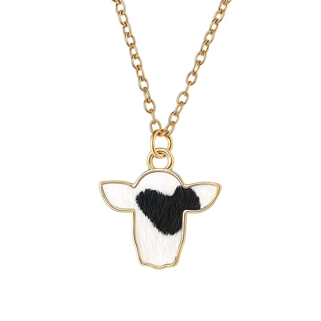 SUPAC Cow Print Pendant Necklace, Gold Chain, Black and White Enamel, Western Style - Cowhide Hair