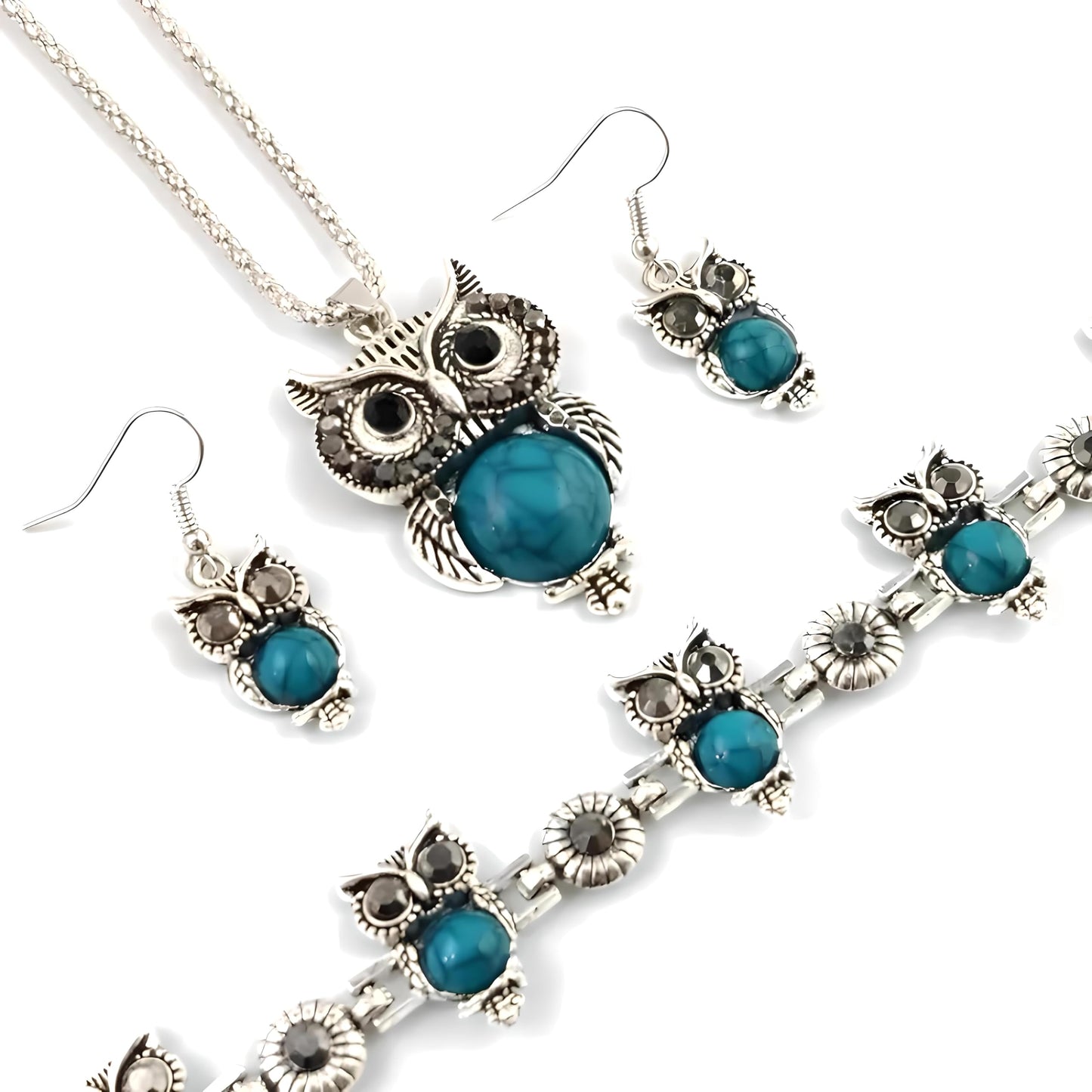 Vintage Owl Jewelry Set with Turquoise Stones, Silver-Tone Necklace, Bracelet and Earrings, 27.5 inch Chain