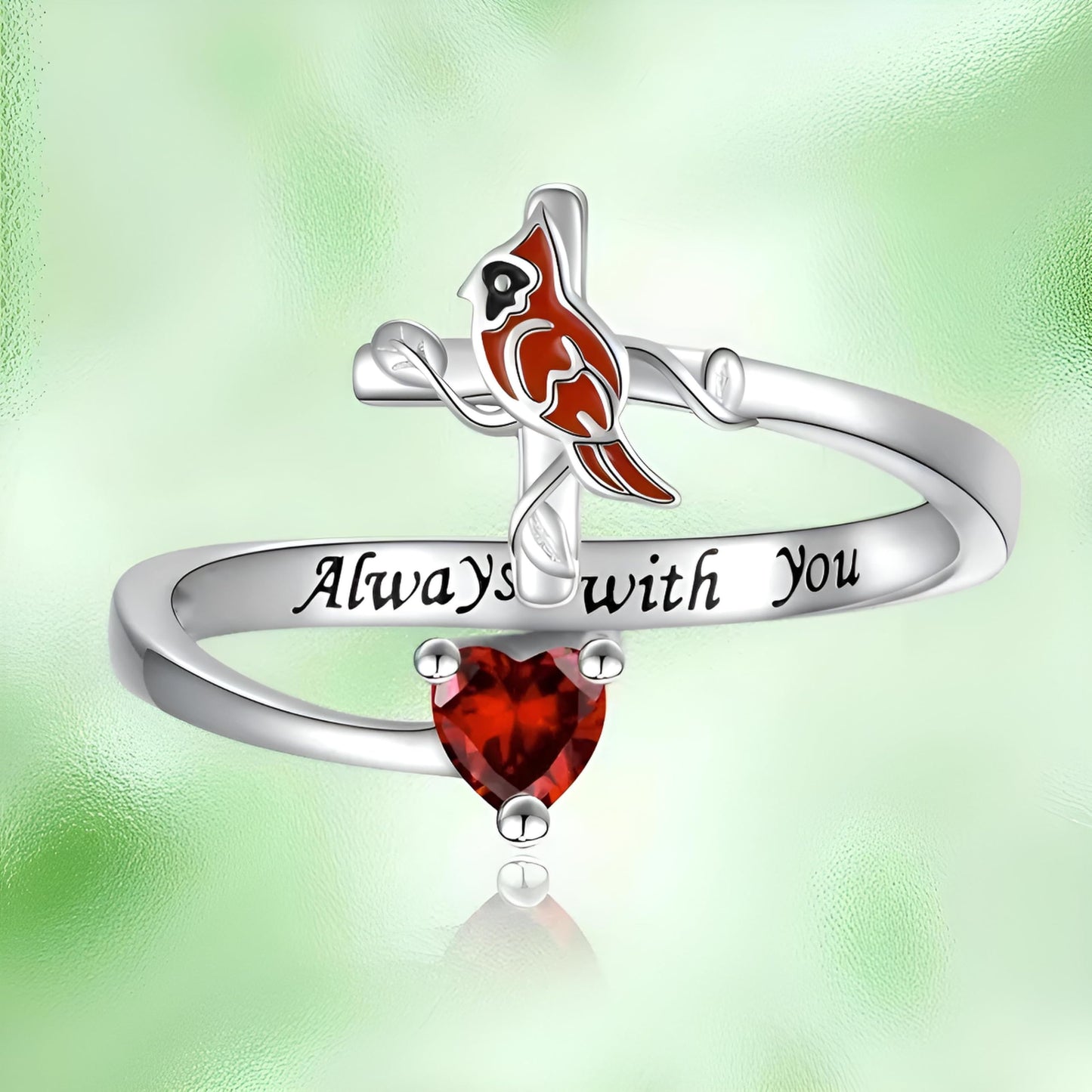 SUPAC Red Cardinal Cross Ring, Silver-Plated 'I Am Always with You' Inspirational Message, Adjustable - Christmas, Party, or Birthday Gift