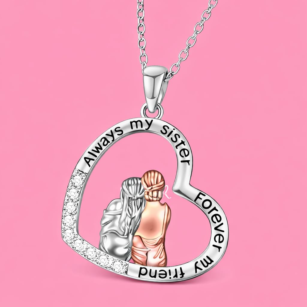 3PCS Sister Love Heart Pendant Necklace Set, Fashion Alloy, One necklace with Two Earings- White Gold Plated Jewelry for Women – "Always my sister, Forever my friend" -Ideal Birthday, Christmas, Party Gift