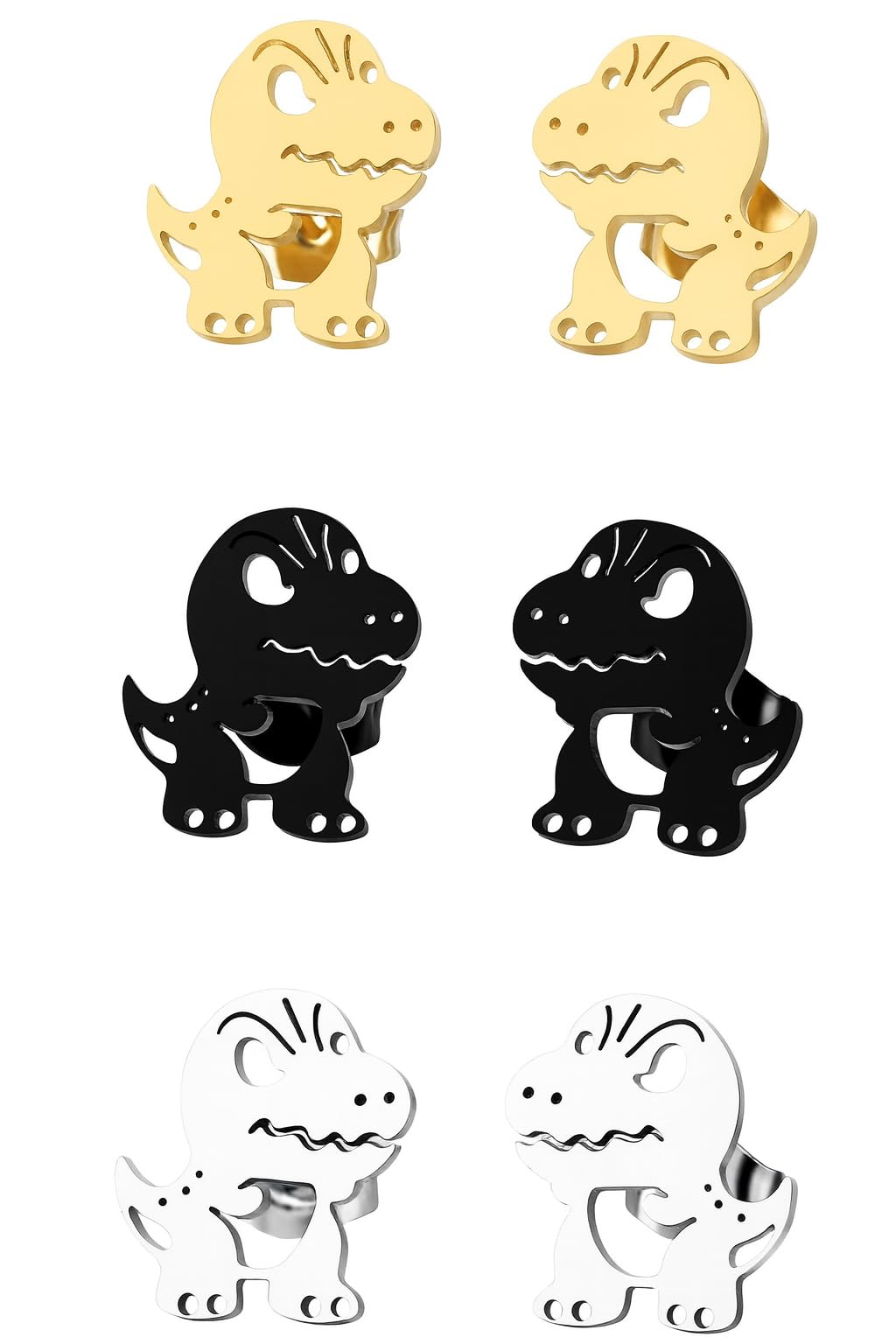 Cute Dinosaur T-Rex Stud Earrings, 3 Colors Set, Gold Silver Black