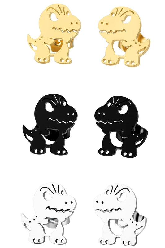 Cute Dinosaur T-Rex Stud Earrings, 3 Colors Set, Gold Silver Black