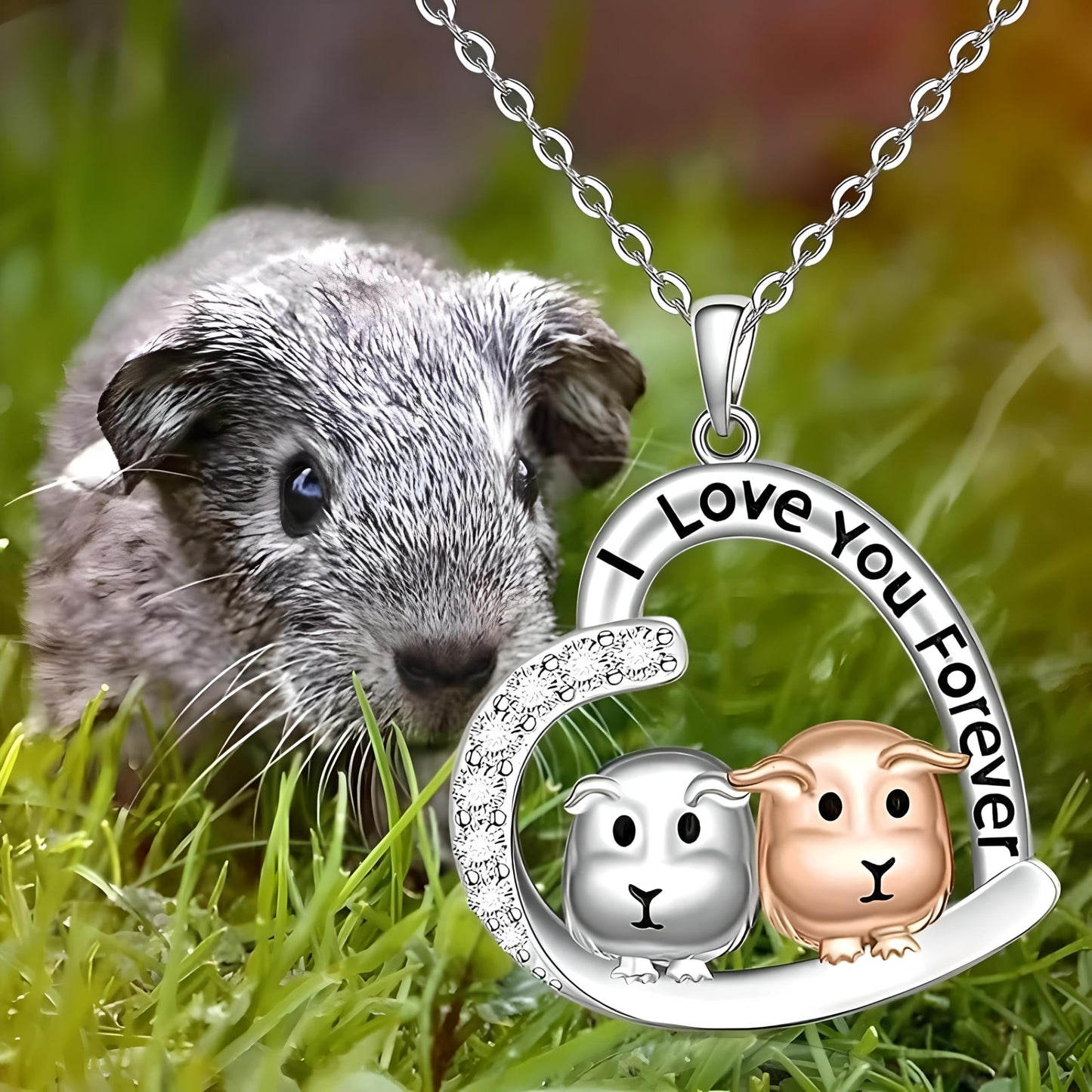 Love You Forever Guinea Pig Heart Necklace, Sterling Silver with Crystals - Christmas, Party, and Birthday Gift