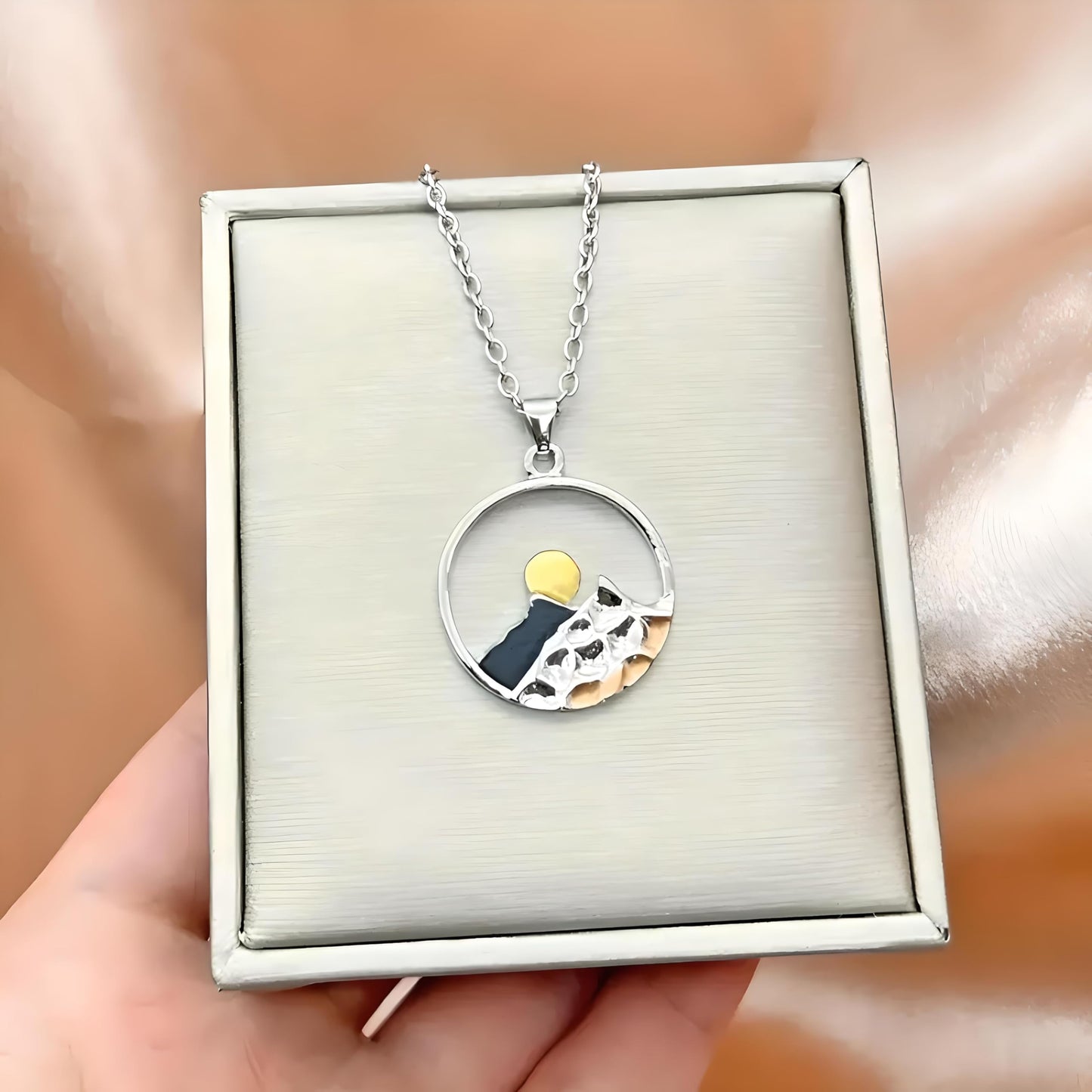 Mountain Scene Pendant Necklace, Silver Chain, Nature Landscape Design, Circle Pendant