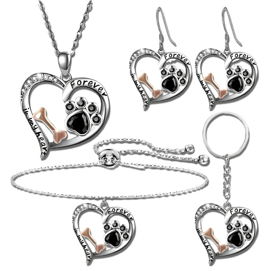 Pet Memorial Jewelry Set, Forever in My Heart Paw Print and Bone Design, 4-Piece Silver Necklace, Bracelet, Earrings and Keychain