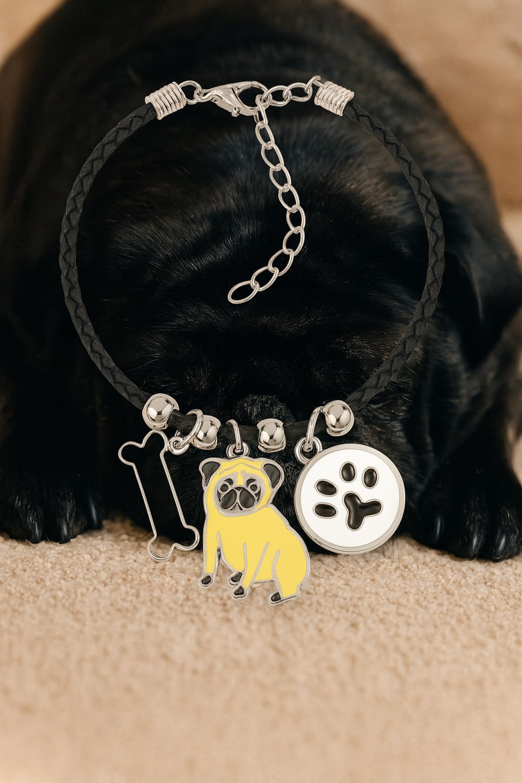 Pet Charm Bracelet with Dog Charms, Black Braided Band, I Love Dogs Design - Dog Lovers' Bracelet - Different Breeds of Dogs, Pet Lover Gift for Birthday and Holiday, Durable and Long-Lasting, Hypoallergenic and Nickel-Free, Everyday Wear (Pug)