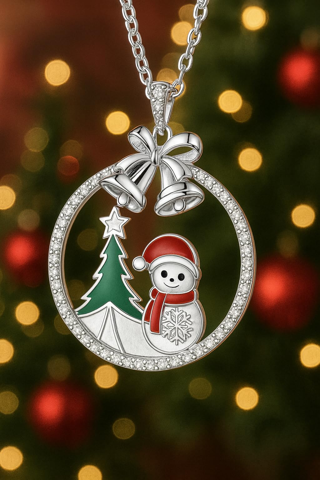 SUPAC Festive Spirit Christmas Tree Snowman and Bells Pendant Necklace, Party Gift for Women