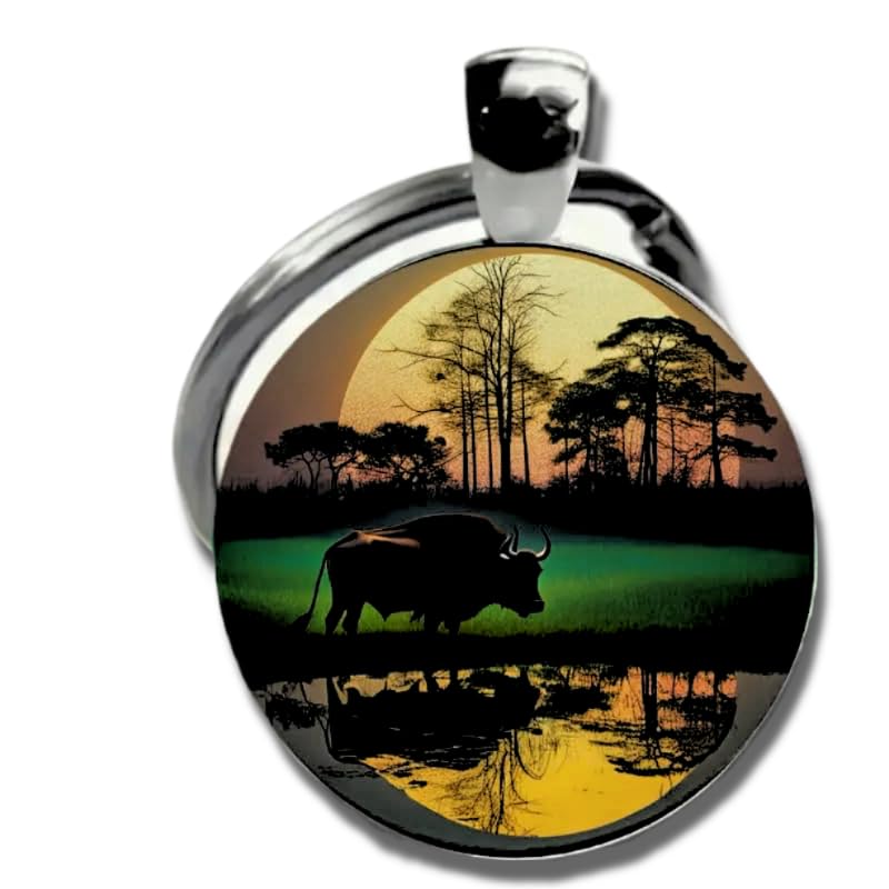 Mountain Sunset Stained Glass Art Keychain, Nature Scene Design, Round Pendant (Buffalo Sunset)