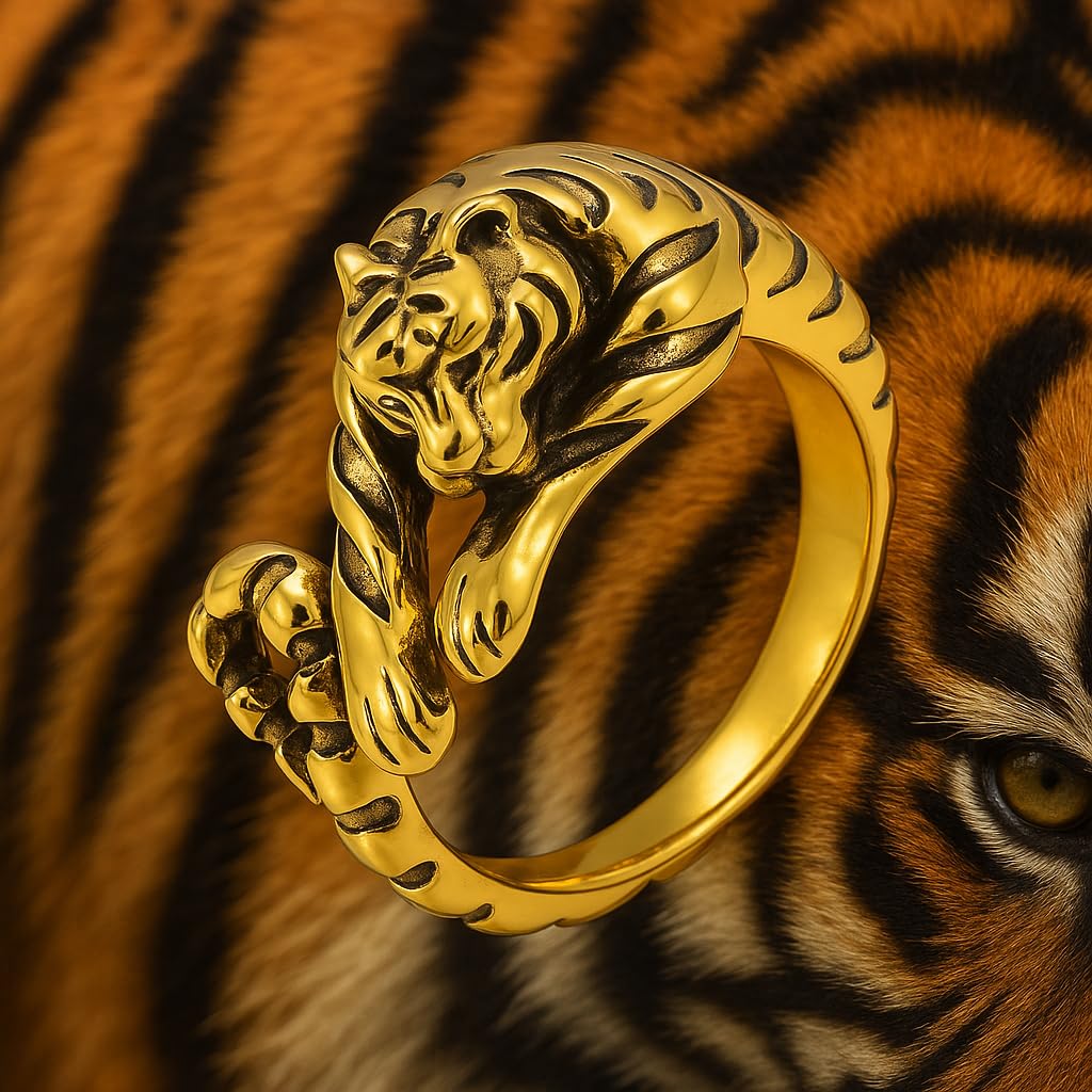 SUPAC Zodiac Tiger Adjustable Ring, Stainless Steel, Unique Design Exquisite Men's Accessory Jewlery - Gold and Silver Colors, Christmas, Birthday or Party Gift
