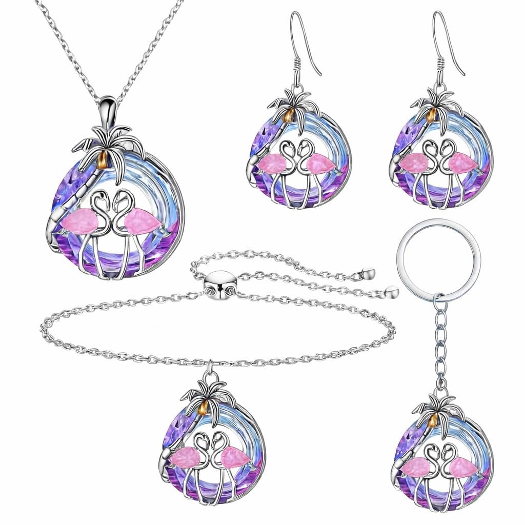 SUPAC Tropical Flamingo Jewelry Set with Necklace, Bracelet, Earrings and Keychain, Pink and Purple Crystal Beach Design, Silver