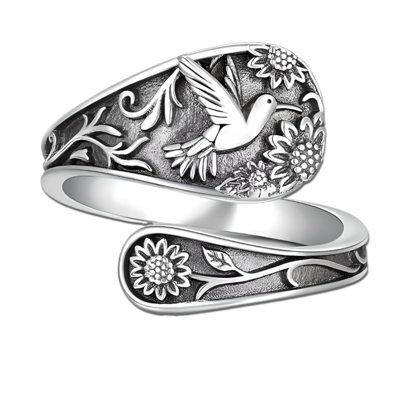 Vintage Hummingbird Spoon Ring, Sterling Silver Adjustable Band, Floral Design