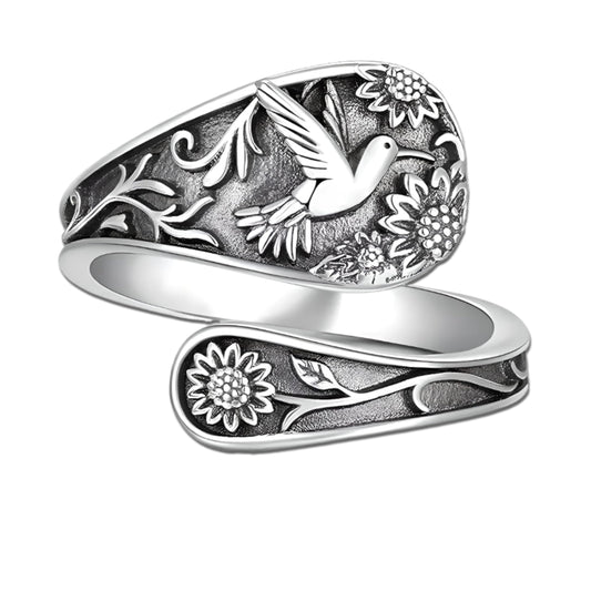 Vintage Hummingbird Spoon Ring, Sterling Silver Adjustable Band, Floral Design