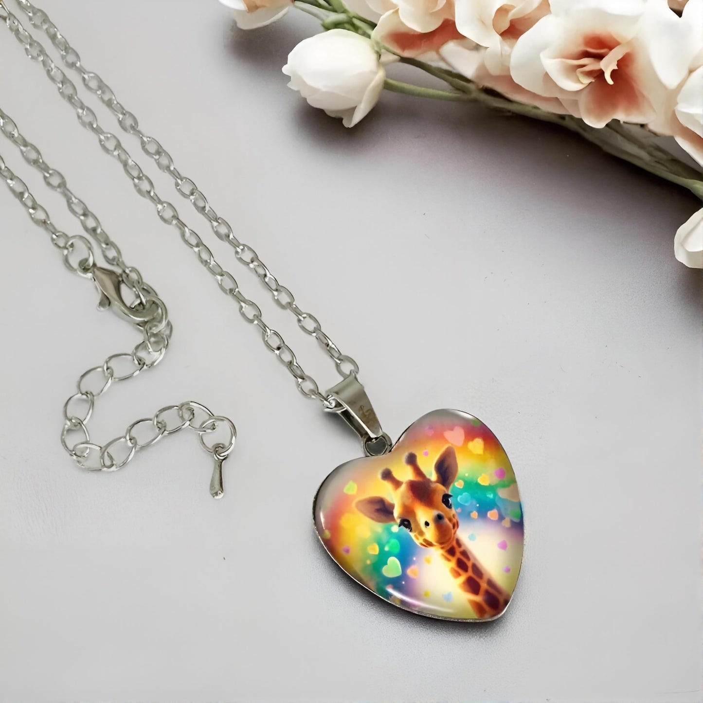 Cute Exquisite Giraffe Animal Detail Heart Pendant Necklace, Stainless Steel Chain- Christmas, Birthday, or Party Gift For Women