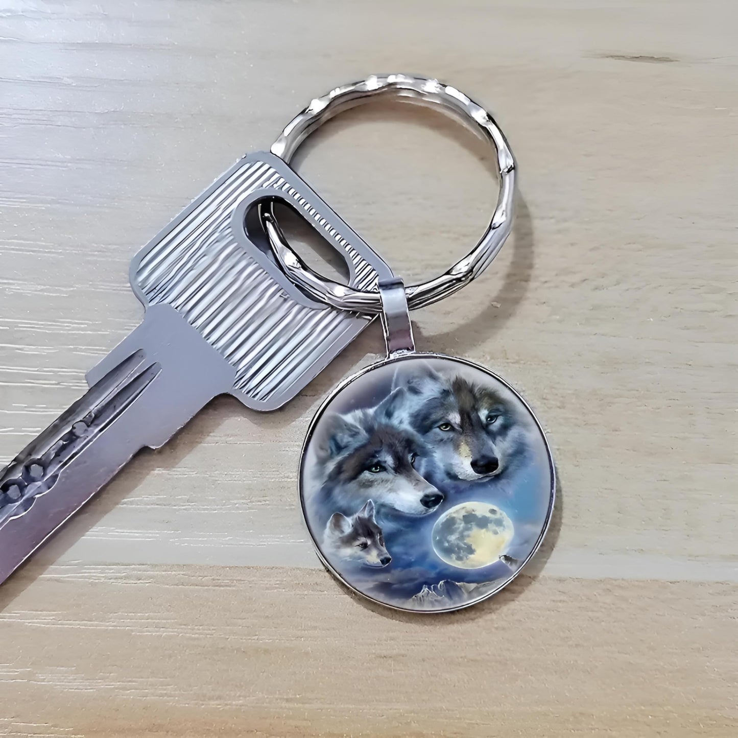 SUPAC Mountain Sunset Stained Glass Art Keychain, Nature Scene Design, Round Pendant (Wolf Hug)