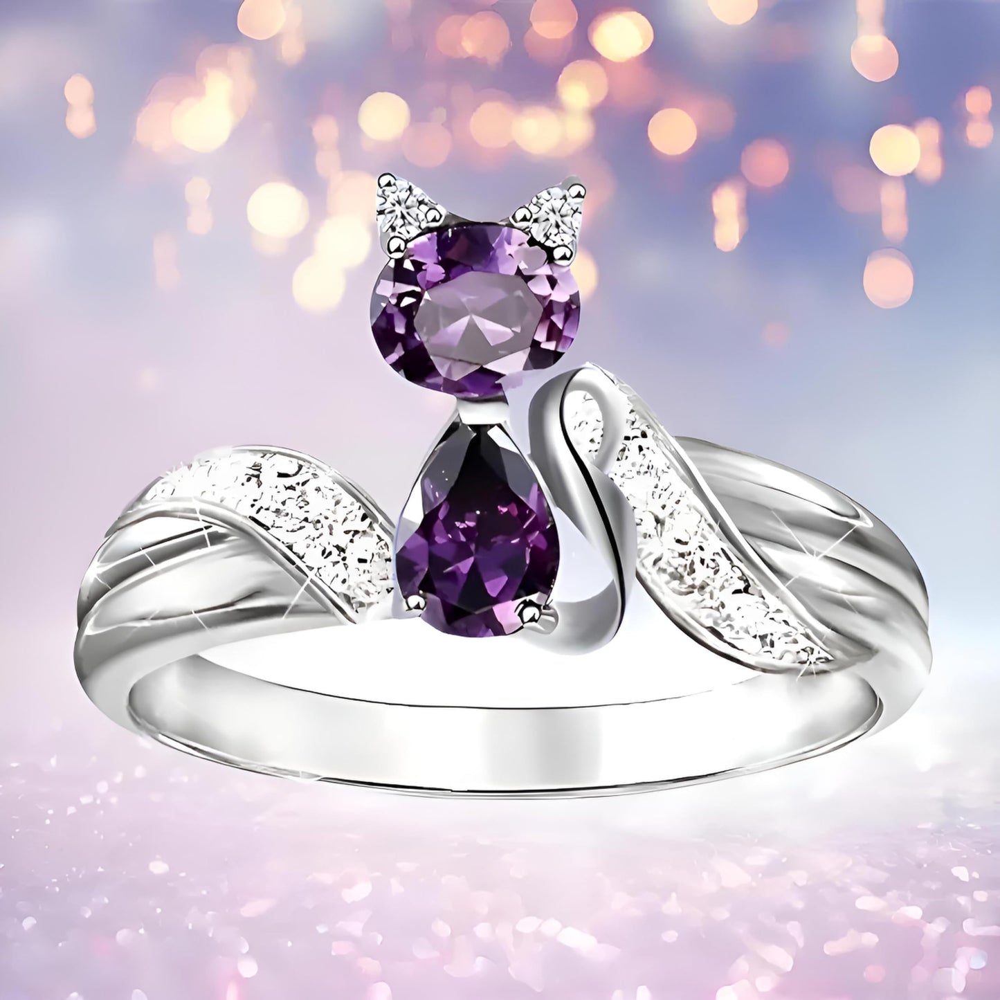 Stainless Steel Purple Crystal Cat Ring with Cubic Zirconia Accents - Glass Ring, Gift for Cat Lovers'