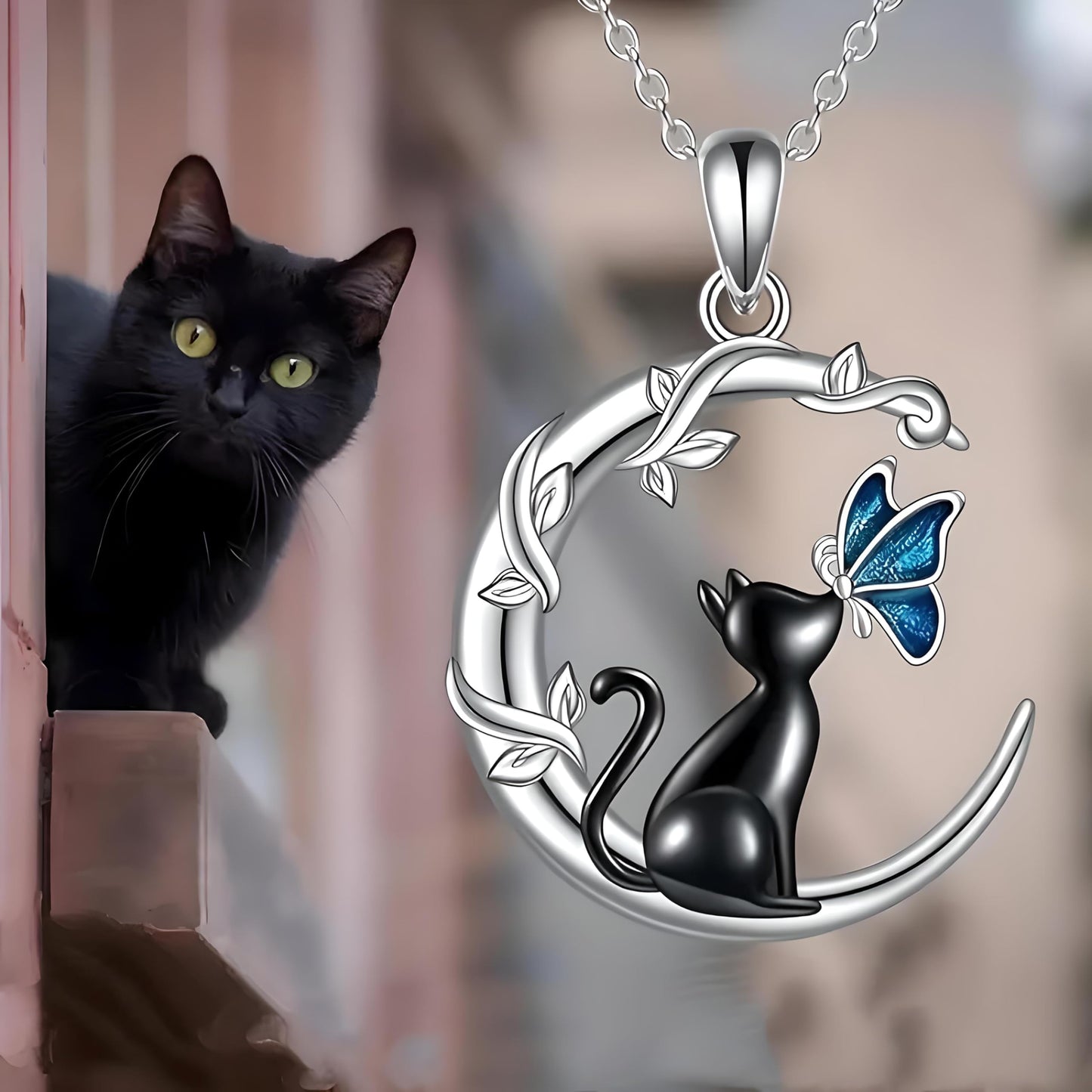 Black Cat Reaching for the Moon Necklace, Butterfly Necklace - Crystal Moonstone Pendant, Silver Chain - Gift