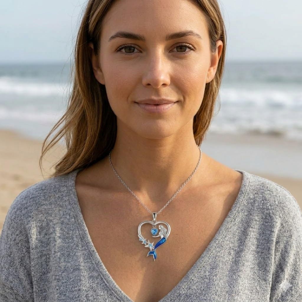 SUPAC Heart of the Sea Mermaid Pendant Necklace, Starfish and Blue Fin - with Multiple Colors