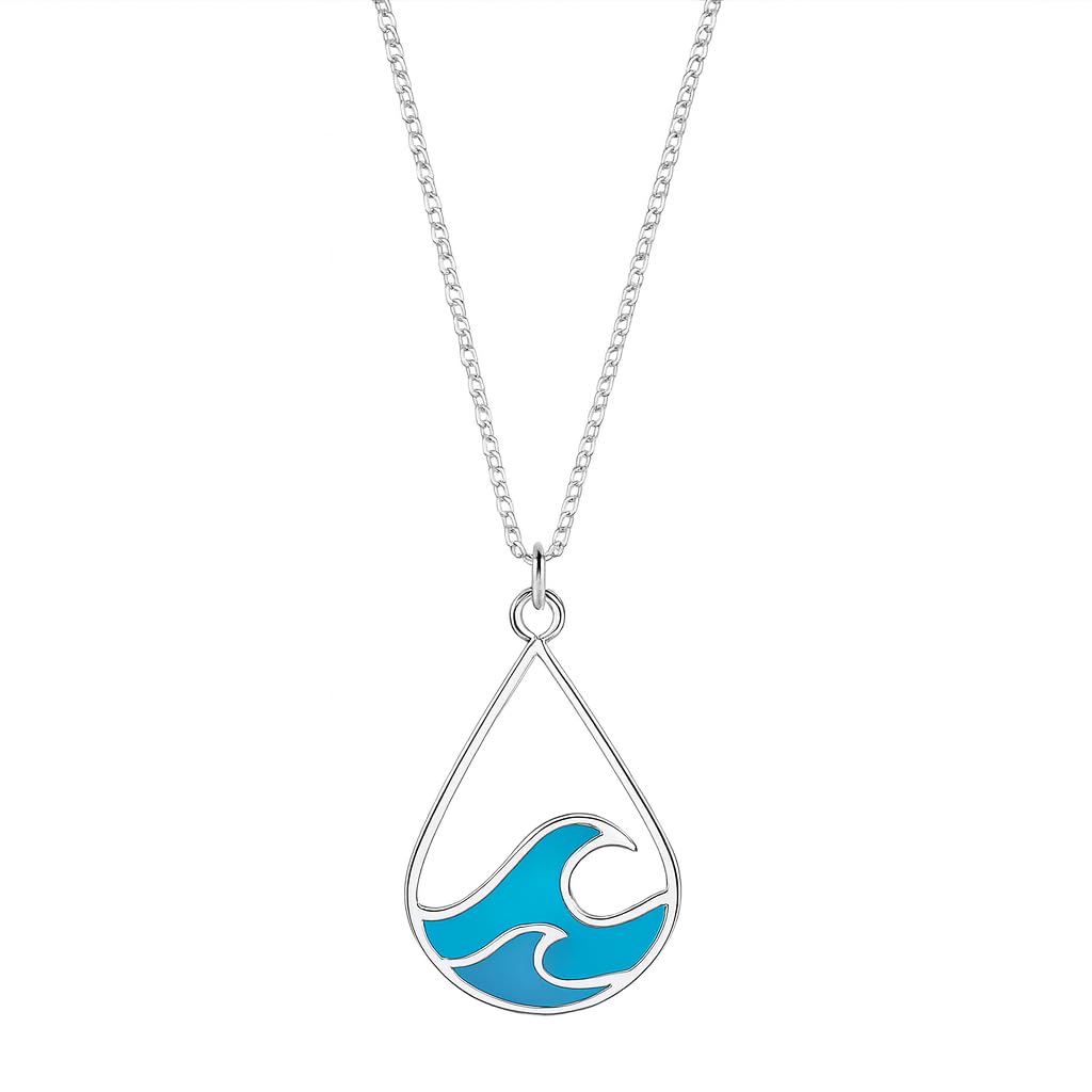 SUPAC Ocean Wave Teardrop Pendant Necklace, Silver Chain, Blue Enamel - Chill Vibes Ocean Gift