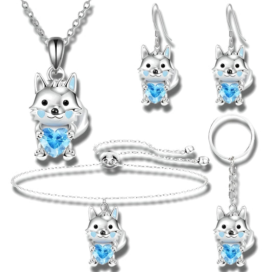 Wolf Jewelry Set with Blue Crystal Heart, Sterling Silver Necklace, Bracelet, Earrings and Keychain, 4-Piece Set