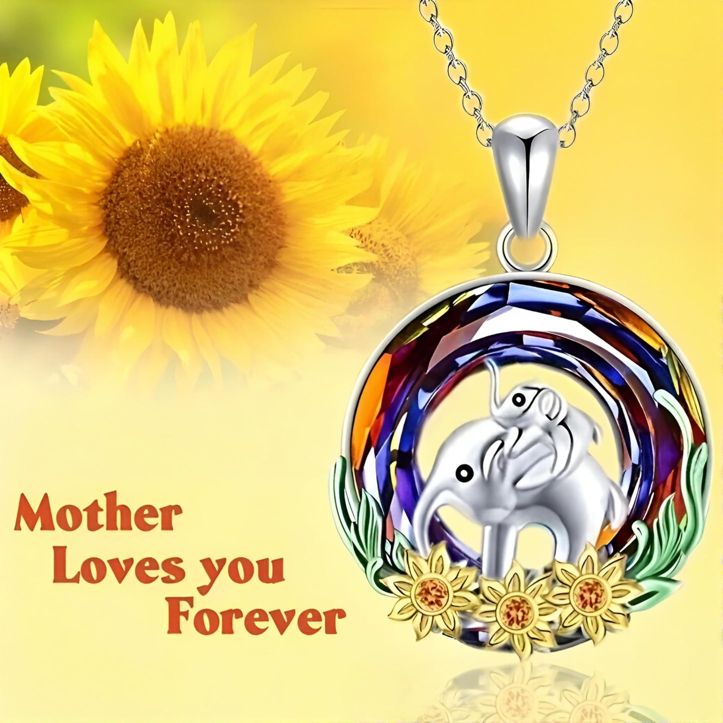 Stainless Steel Animal Pendant Necklace Set, Elephant with Sunflower, Hummingbird, Cat Design, Multi-Color Crystal (Elephant)