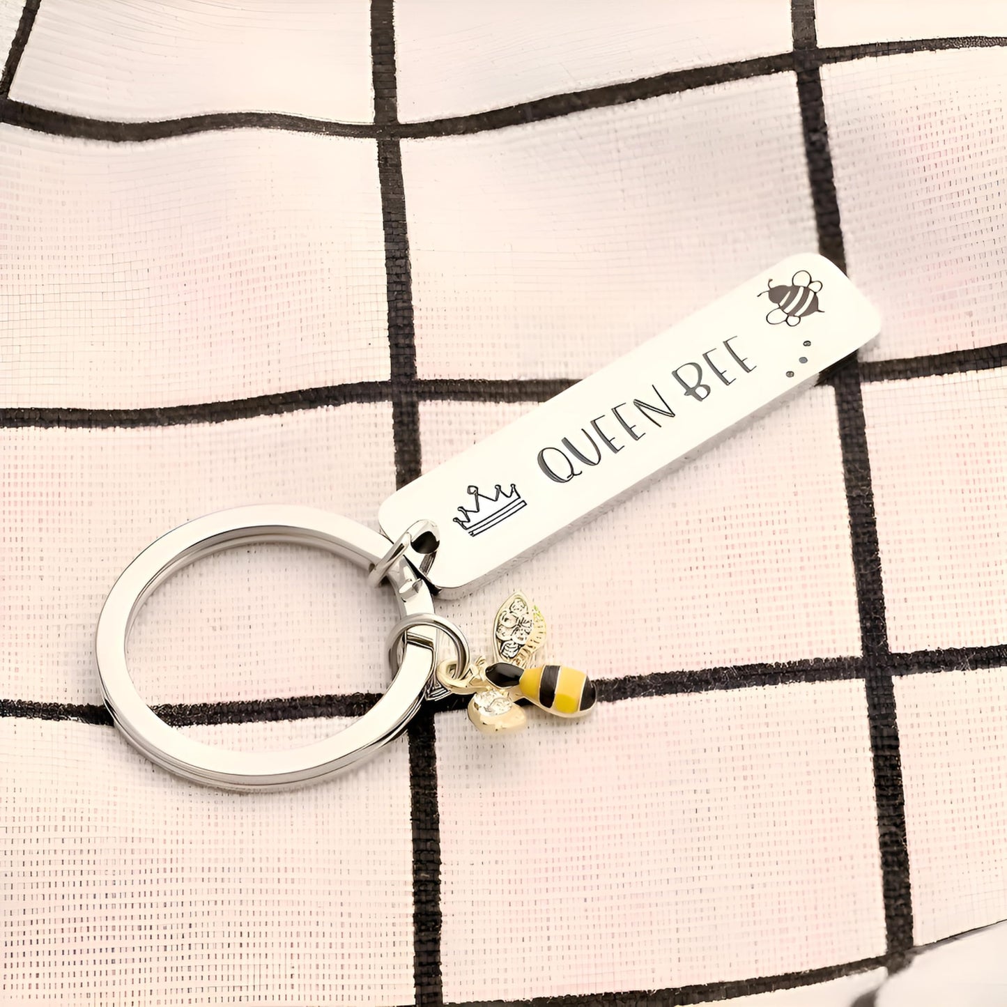 SUPAC Queen Bee Keychain with Crystal Bee Charm, Stainless Steel Bar Tag, Crown Design, 5cm Length - Bee Lovers' Gift