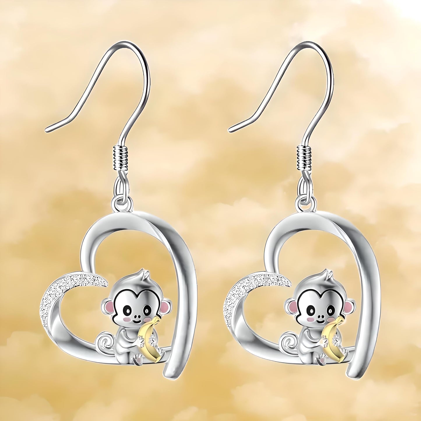 Heart-Shaped Animal Dangle Earrings, Monkey and Koala, Stainless Steel with Rhinestones, Banana Charm, Birthday or Party Gift