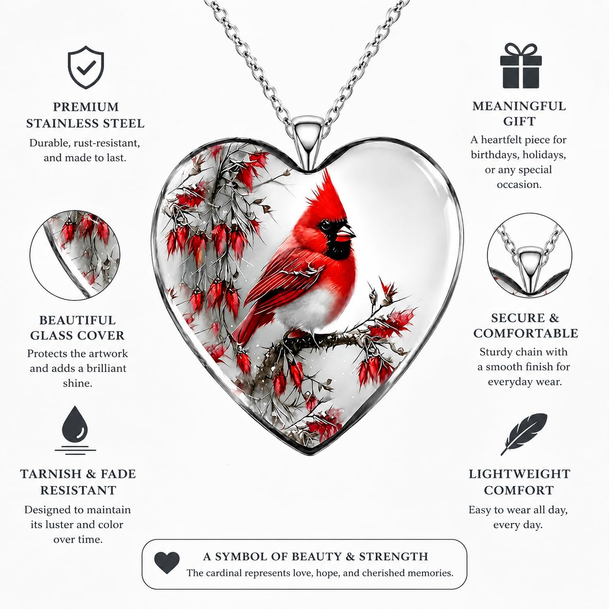 SUPAC Red Cardinal Necklace, Silver-Plated 'I Am Always with You' Inspirational Message, Adjustable - Christmas, Party, or Birthday Gift (Standing Cardinal)